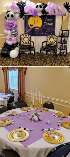 the table is set up for a halloween party with purple and white balloons, black chairs, and decorations