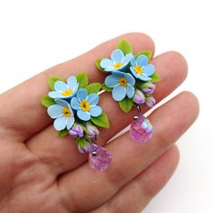 Minimalistic handmade floral carnation earrings, enhanced with glass beads, stainless steel hardware, packaged in a gift box Flower Statement Earrings, Floral Polymer Clay, Bright Jewelry, Bead Earring, Blue Stud Earrings, Spring Earrings, Floral Studs, Clay Jewellery, Forget Me Nots