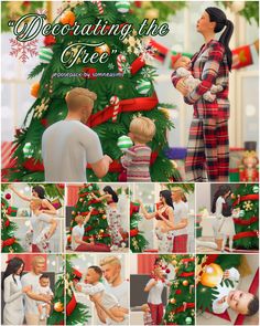 a collage of photos showing people decorating a christmas tree