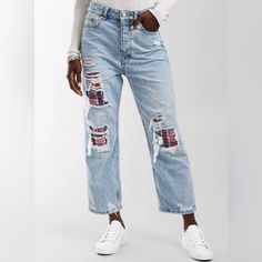 New With Tags! Blue Denim With Plaid Velvet In Jean Holes. Boyfriend, Loose Fit. 29” Inseam. 90s Style Blue Jeans For Fall, 90s Blue Jeans For Fall, Casual Recycled Denim Jeans For Fall, 90s Inspired Relaxed Fit Denim Jeans, 90s Inspired Blue Bottoms For Fall, 90s Inspired Denim Bottoms For Fall, 90s Style Denim Jeans For Fall, 90s Inspired Jeans For Fall, Relaxed Fit 90s Inspired Jeans For Fall