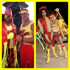 two men dressed in costumes and one is holding a banana while standing next to another man