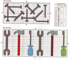 two cross stitch patterns with different tools on them, one is blue and the other is red