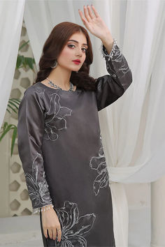 2 Piece Straight Shirt with Trouser Details: Embroidered Shirt Plain Trouser Color: Dark Grey Fabric: Katan Silk