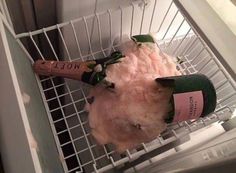 a stuffed animal is in a wine bottle holder