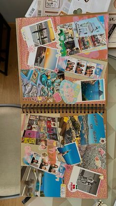 an open notebook covered in pictures and stickers