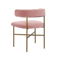 a pink velvet chair with gold frame and back support, viewed from the front angle