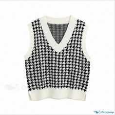 Orcajump - Loose-Fitting Sleeveless Knitted Vest with Dynamic Chic Houndstooth Pattern Sleeveless Knitted Vest, Knitted Vest, Houndstooth Pattern, Thrift Store, White And Black, Loose Fitting, Slim Fit, V Neck, Collar