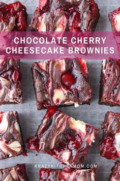 chocolate cherry cheesecake brownies on a baking sheet with the words, chocolate cherry cheesecake brownies