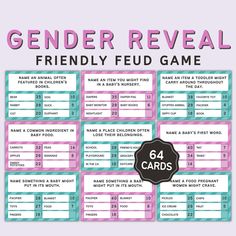 a pink and blue game card with the words, gender reveal friendly fud game