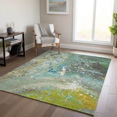 a living room with a chair and rug on the floor