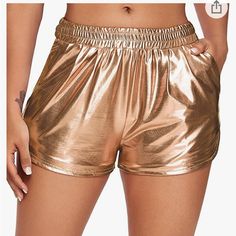 Metallic Gold Shorts, Elastic Waist, Shiny Pants, Never Worn, Xxl, Pockets Gold Bottoms With Built-in Shorts For Summer, Gold Stretch Summer Shorts, Gold Bottoms With Elastic Waistband For Summer, Casual Metallic Bottoms With Elastic Waistband, Casual Metallic Bottoms With Pockets, Gold High-waisted Shorts For Summer, Summer High-waisted Gold Shorts, Casual Solid Color Shorts For Party, Casual Stretch Gold Bottoms