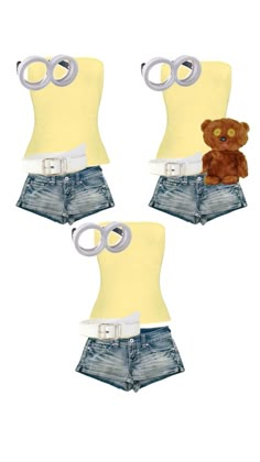 three pieces of clothing with a teddy bear on the front and two pairs of glasses on the back