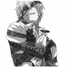 an anime character holding a cell phone in his right hand with the words danger on it