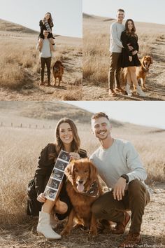 a couple and their two dogs posing for pictures in the field with their family's dog