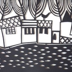 an abstract drawing of houses and trees in black and white