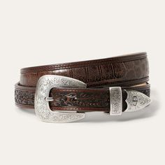 e cognac croco print leather strap and tapered 1” tooled brown leather tabs. It features five hole Cowboy Belt, Belt Men, Plaid Shirt Men, Casual Bottoms, Denim Boots, Casual Belt, Leather Belts, Mens Fragrance, Printed Leather