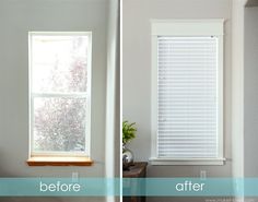 before and after shots of a bathroom window with white blinds on the windowsills