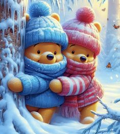 two teddy bears hugging each other in the snow