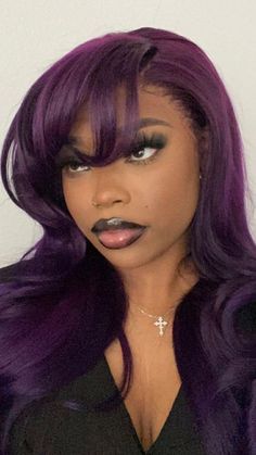 Plum Hair On Black Women, Magenta Purple Hair, Silk Press Side Part, Deep Purple Hair On Black Women, Magenta Hair Color On Black Women, Purple Hair On Brown Skin, Burgundy Purple Hair, Purple Wigs On Dark Skin, Hair Dye For Dark Skin