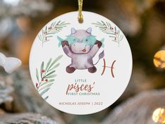 a christmas ornament hanging from the tree with a little piese's first christmas design on it