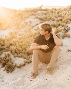 a man sitting on top of a sandy beach next to green plants and bushes in the desert