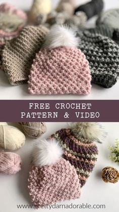 crochet hat with pom - pom on top and text overlay that says free crochet pattern & video