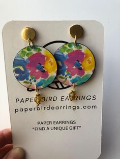 Our handmade watercolor round paper earrings are a perfect floral gift, bridal shower gift, wedding gift, anniversary gift.  Made by me at my home studio with upcycled paper and non-toxic materials, lightweight, with a unique pattern in both sides. Finished with a small glass bead. Sealed for water resistance but not waterproof. HARDWARE: Stainless steel round flat post scratch and tarnish resistant. Not hypoallergenic but suitable for a mild nickel sensitivity. PACKAGING: Branded jewelry box wr Watercolor Earrings, Floral Paper, Paper Earrings, Earrings Round, Paper Jewelry, Homemade Jewelry, Craft Time, Floral Gifts, Floral Earrings