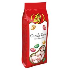 jelly belly candy canes are in a red plastic bag on a white background with the words candy cane