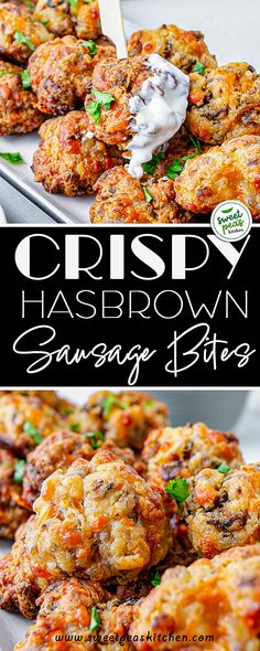 crispy hashbrown sausage bites with ranch dressing on top and in the background