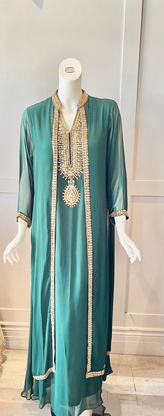 Fabric: Georgette  Color: dark Green Embroidery: Gold stone, and silk threads. Size: Medium - (bust size 42") Full length: 58" Dark Green Embroidery, Georgette Gown, Green Embroidery, Gold Stone, Silk Thread, Dress Clothes For Women, Dark Green, Full Length, Dress Outfits