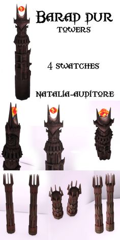 several different types of carved towers are shown