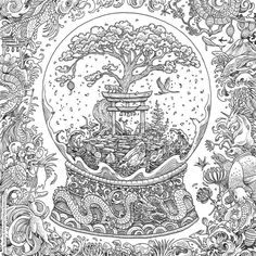 an intricate coloring page with trees and birds in the center, surrounded by other doodles