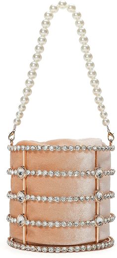 Small Apricot Clutch Sparkly Pearl Diamond Handbag 【Exquisite Hardware】 The evening clutch is made of high quality hollow metal ,covered with sparkly diamonds on the surface. The handle of the handbag is decorated with beaded pearls, it looks chic and elegant. 【Versatility】 The evening bag for women with the length of detachable chain is 47 inch, so the evening clutch can be used as clutch bag or shoulder bag. 【Enough Room】 The dimension of this clutch purse is 7*3.5*5.1(L*W*H)inch, perfectly ke Glamorous Bucket Evening Bag, Glamorous Bucket Evening Bag For Events, Party Evening Bag With Detachable Handle, Bucket Shape, Elegant Bucket Clutch For Evening, Party Bucket Evening Bag With Detachable Handle, Elegant Evening Bucket Clutch, Evening Bucket Clutch With Detachable Handle, Glamorous Handheld Clutch, Birthday Party Dinner