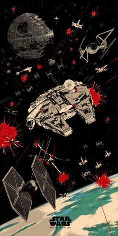 a star wars poster is shown with red and black stars flying over the space between them