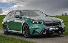 a green car parked on the side of a road near a grassy field with trees