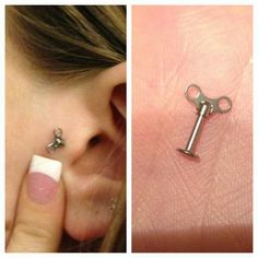 two pictures of a person with piercings on their left ear and the right ear has a small key attached to it