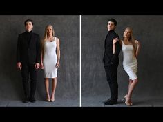 three different shots of people standing in front of a gray wall, one wearing a black suit and the other white dress