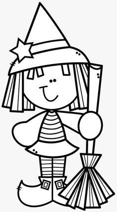 a black and white drawing of a girl holding a broom