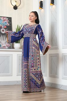 Eid Multicolor Embroidered Maxi Dress, Eid Floor-length Kaftan With Traditional Patterns, Embroidered Anarkali Abaya For Eid, Eid Embroidered Dabka Maxi Dress, Eid Embroidered Maxi Dress With Dabka, Dabka Embroidered Maxi Dress For Eid, Eid Maxi Length Thobe With Intricate Embroidery, Embroidered Maxi Length Blue Abaya, Traditional Long Dress Abaya For Eid