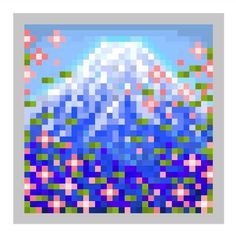 an abstract painting with squares and flowers in the middle, against a blue sky background