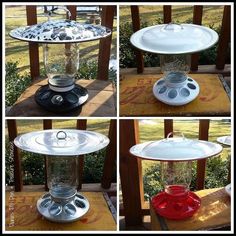 four different views of a bird feeder on a deck with the top open and bottom closed