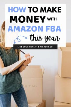 a woman standing in front of boxes with the words how to make money with amazon fba this year