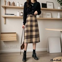 Olivia Mark - Vintage Plaid Wool Midi Skirt for Winter, Ideal Pairing with Sweaters, High-waisted and Flattering Straight Cut to Conceal Hips Straight Skirt Outfits, Knee Length Skirts Outfits, Skirt For Winter, Winter Skirt Fashion, Midi Skirt Winter, Wool Midi Skirt, Midi Skirt Outfit, Winter Skirt Outfit, Winter Skirt