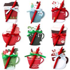 christmas themed coffee mugs are wrapped in red and green paper with bows on them