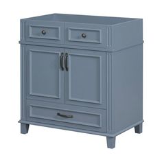 a blue cabinet with two doors and drawers on the bottom, in front of a white background