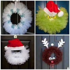 four different christmas wreaths with santa hats on them