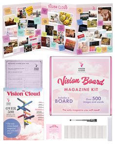 the vision board magazine kit is shown with its contents and instruction manuals, including instructions for