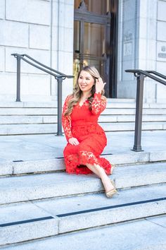 We can't stop gushing over this beautiful red lace dress made for us petites!. It features ~21 inches sleeves (perfect for us fun size), back zipper, sweet heart lining, and beautiful lace fabric. The dress has no stretch so stay true to your size. Pair this gorgeous dress with your favorite heels for this holiday! Color: Red Fabric: 100% Polyester Runs fitted. We recommend sizing up. Color may vary based on lighting Size chart Length of dress = 44" starting at small Bust measurements XXS = 30-3 Red Lace Patchwork Dress For Wedding, Red Lace Dress With Lace Trim For Evening, Red Lace Dress With Lace Sleeves, Fitted Red Lace Dress For Date Night, Red Fitted Lace Dress For Date Night, Red Fitted Lace Prom Dress, Red Scalloped Lace Dress, Red Lace Midi Dress With Short Sleeves, Red Fitted Lace Dress With Scalloped Edges