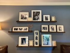 the wall is filled with pictures and frames