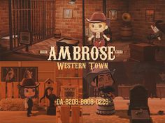 an advertisement for the game ambrose western town, with cartoon characters in it